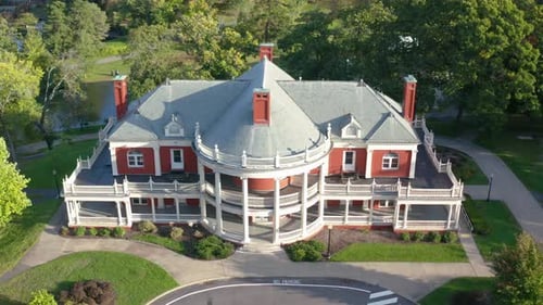 Aerial front view famous Historical Roger Williams Park Casino, Providence, RI
