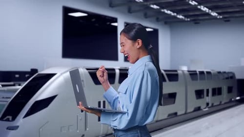 Woman Celebrates Using Laptop near Modern Train