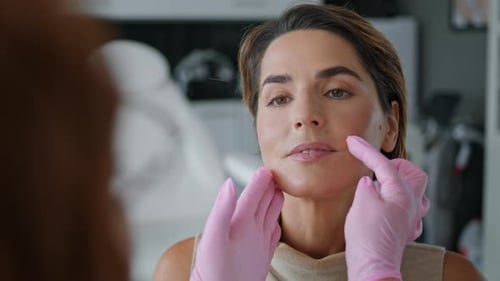 Cosmetologist Examining Woman Wrinkles at Beauty Consultation in Clinic Close Up