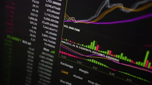 Stock market. Trading in the stock exchange. Moving numbers and charts
