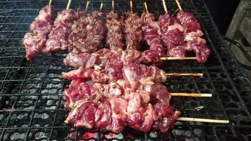 Close up of some meat skewers being grilled in a barbecue.