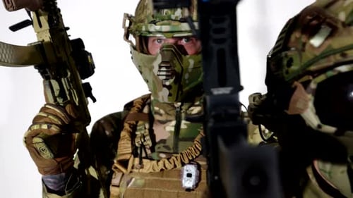 Airsoft Champions with Rifles and Cup for First Place Portrait in Studio Professional Soldiers