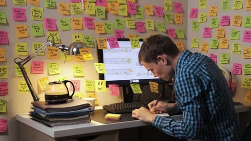 Adult At Desk With Sticky Notes Everywhere