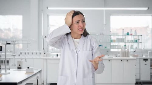 Distraught Female Scientist in Laboratory Grabs Head