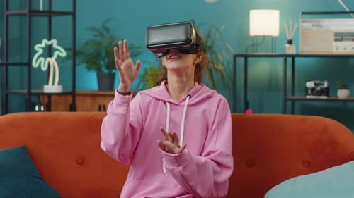 Woman Using VR Headset in Living Room