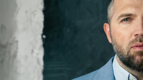 Half Face Portrait Confident Handsome Middle Aged Man Close Up Copy Background