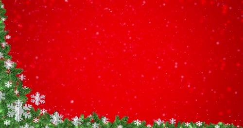 Festive Christmas Corner Background with Pine Branches and Falling Snow