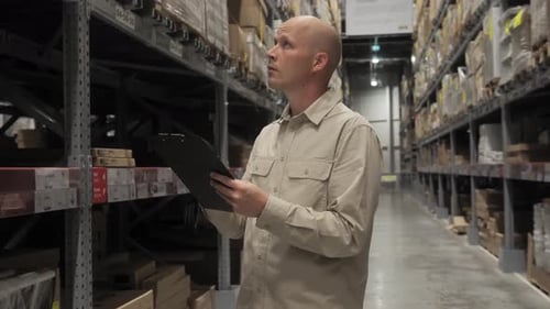 Young Manager Worker Checklist Manage Parcel Box Product in Warehouse