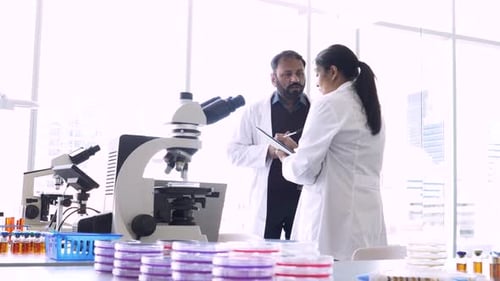 Scientists discussing research and scientific data in the science laboratory