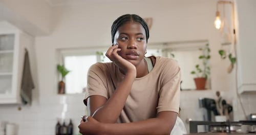 Bored, black woman and thinking in home, sad or student with disappointment