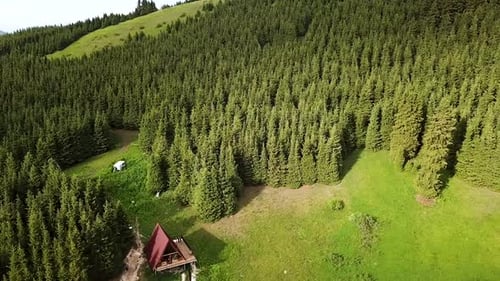 Aerial view of chalet cottages in mountain resort