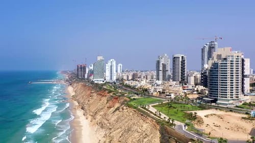 Aerial view of Netanya cliffside coastline, Israel