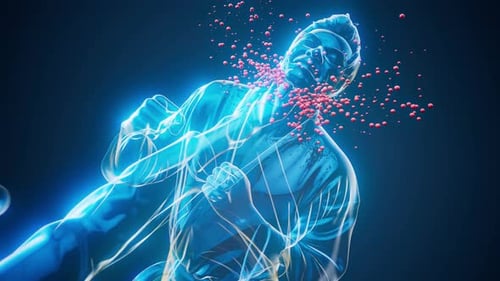 Animation 3D conceptuelle d'un karatéka donnant un coup de pied à la tête d'un autre karatéka