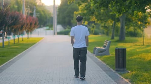 Teen Boy Walking Alone on Quiet Path Through Green City Park