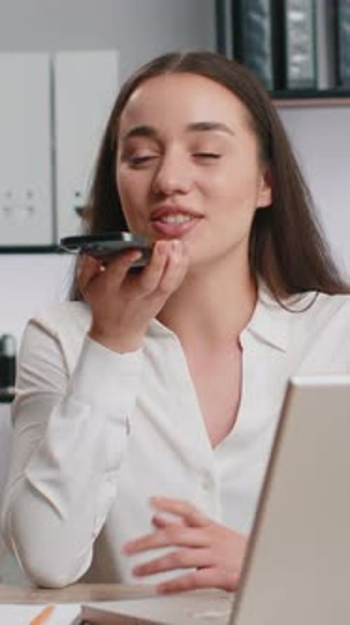 Young Business Woman Working Have Mobile Phone Talk at Office Workplace Using Messenger Chat Apps