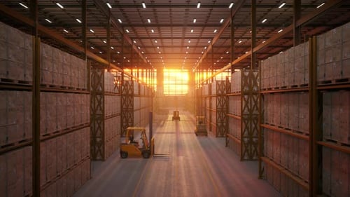 Large Distribution Warehouse Forklift Golden Sunset Silhouette