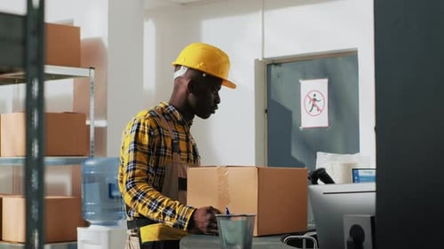 Warehouse Worker Carrying Box in a Storage Facility