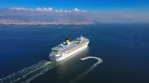 Cruise Liner Ship Approaching to City Destination for Tourism