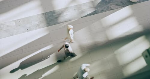 Business people, crowd walking and top view in office with employee and worker travel