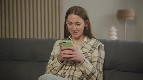 Woman Typing Chat Message on Smartphone Smiling Girl Use Cell Phone Chatting