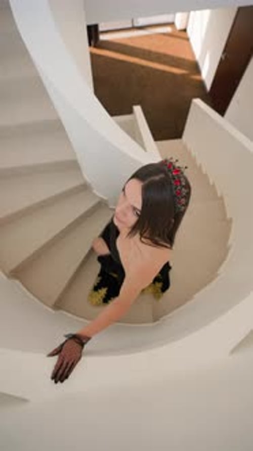 Elegant Woman Walks Up Modern White Staircase