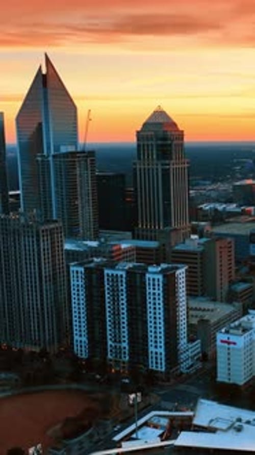Stunning orange sky above the scenery of American metropolis.