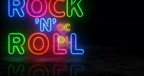 Rock-n-roll music neon symbol 3d flight between