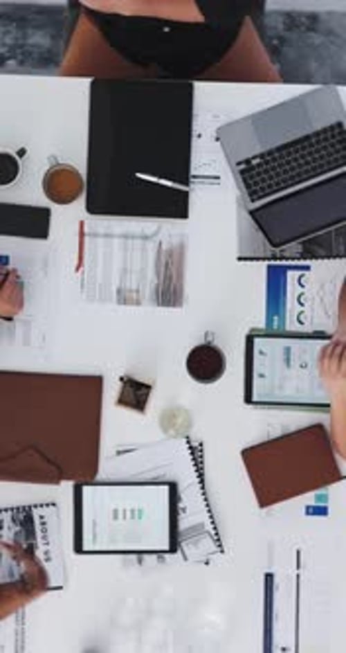 Hands, team and meeting with tech in office for campaign ideas, KPI review or sales revenue