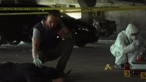 Detectives Investigating Crime Scene with Body and Evidence