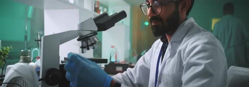 Close Up Young Face Man Scientist with Glasses and Protective Gloves Looking Under the Microscope in