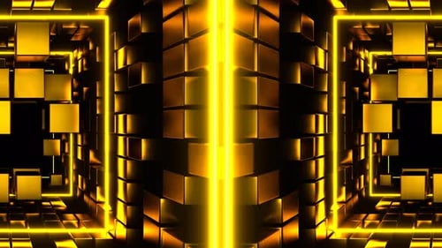 Entidad cúbica dorada se mueve a través del fondo del caleidoscopio Vj Loop en 4K