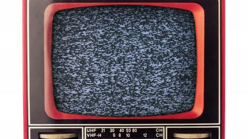 Alter roter Retro-Fernseher mit grauem Interferenzbildschirm auf weißem Hintergrund
