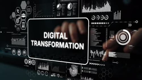 Tapez à la main sur le clavier avec des concepts de transformation numérique et des graphiques de visualisation de données dans Mod