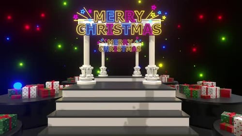 Animated Neon Merry Christmas Title Card with Stage and Gifts