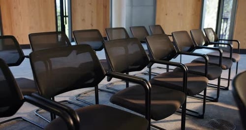 Furniture, seminar and empty hall for event, business forum and conference with meeting venue