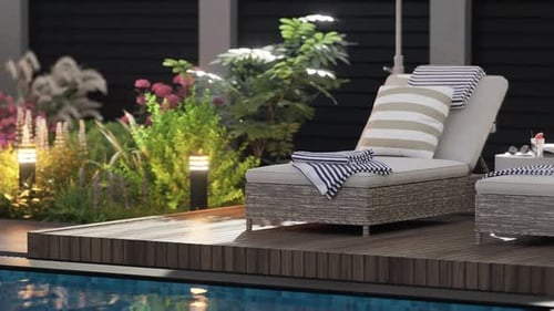 Exterior design details, close-up shot, two sun loungers by the pool.