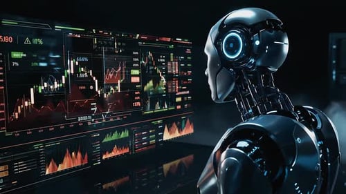 Cinematic AI Stock Analysis by Robot in Dark Fintech Setting