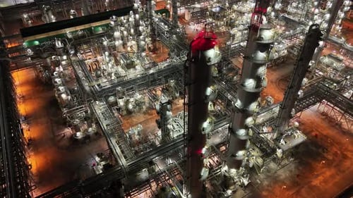Aerial View of Petrochemical Plant and Oil Refinery Industry, Flying over industrial area including