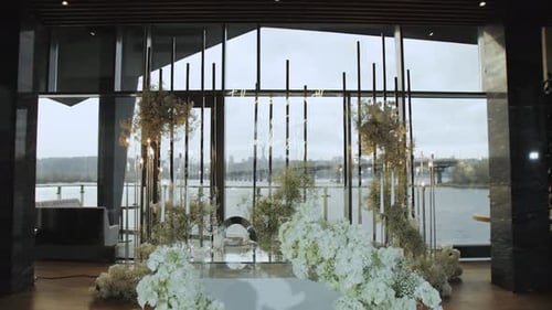 Elegant Wedding Reception Area with Waterfront View