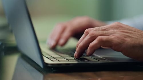 Businessman Hands Working Computer Keyboard Indoors Close Up