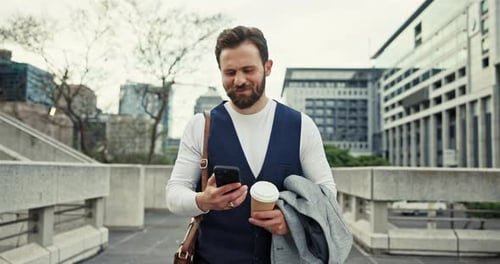Phone, coffee and businessman walking in city for real estate sale, investment or reading email
