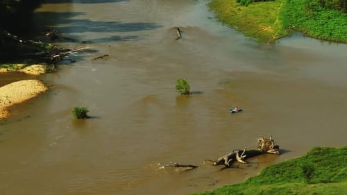 Person Paddling On A Creek Of Illinois River In Arkansas, United States. Aerial Shot