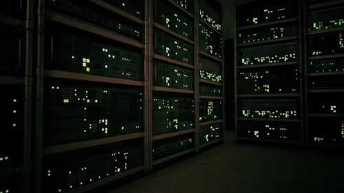 Network Server Room with Servers Running Processes
