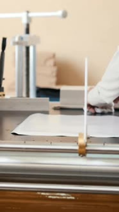 Worker Works at Polygraph Machine Printing Industry