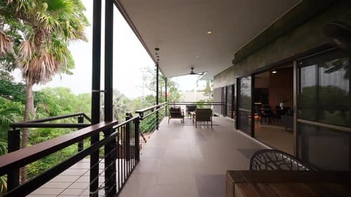 Tropical Luxurious Elevated House Home Exterior Outdoor Area Patio Veranda with Outdoor Table and Ch