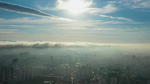 Panorama aerial view of fog morning landscape at dowtown Sao Paulo Brazil. Foggy morning and rays of