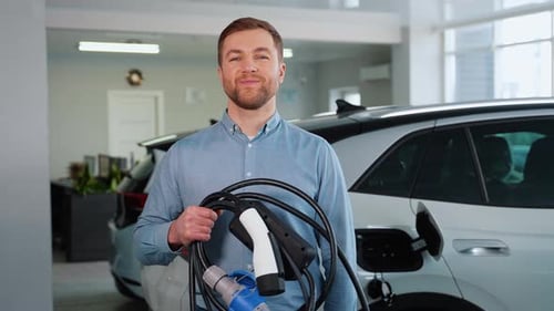 Man Holding EV Charger in Dealership Giving Thumbs Up