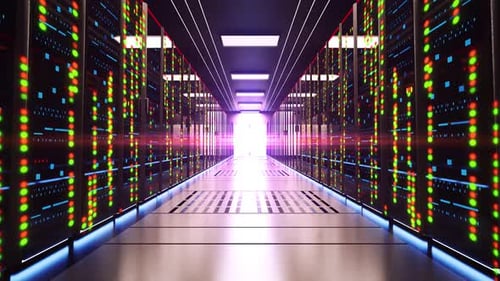 Modern Server Room Hallway Journey With Blinking Data Lights