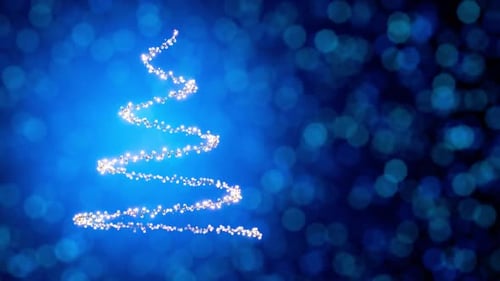Image animée d'un sapin de Noël brillant avec des particules sur fond bleu.