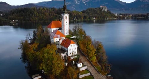 Aerial View of Lake Bled and the Island in the Middle of It Slovenia